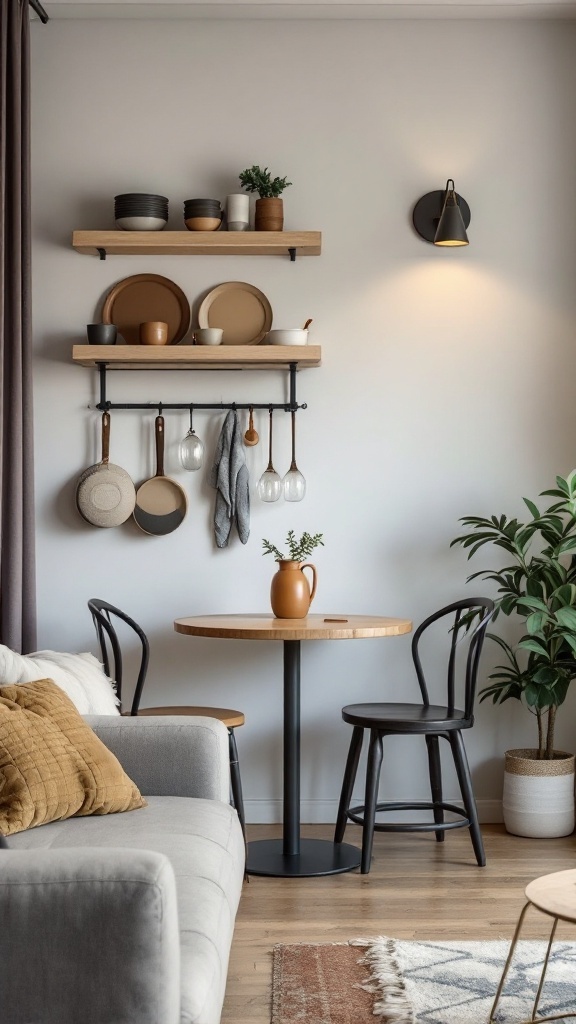 A cozy small living room and dining area featuring a round table, two chairs, wooden shelves with dishware, wall hooks for utensils, and plants.