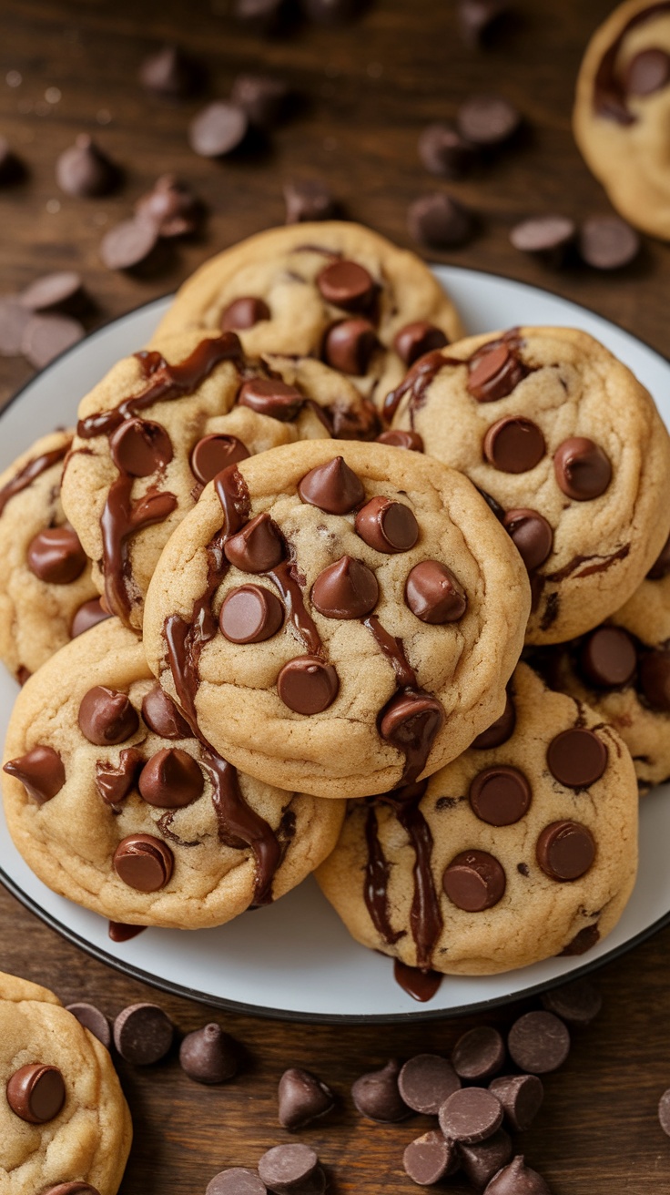 A close-up of a plate filled with warm chocolate chip cookies, showcasing their golden brown color and melting chocolate.