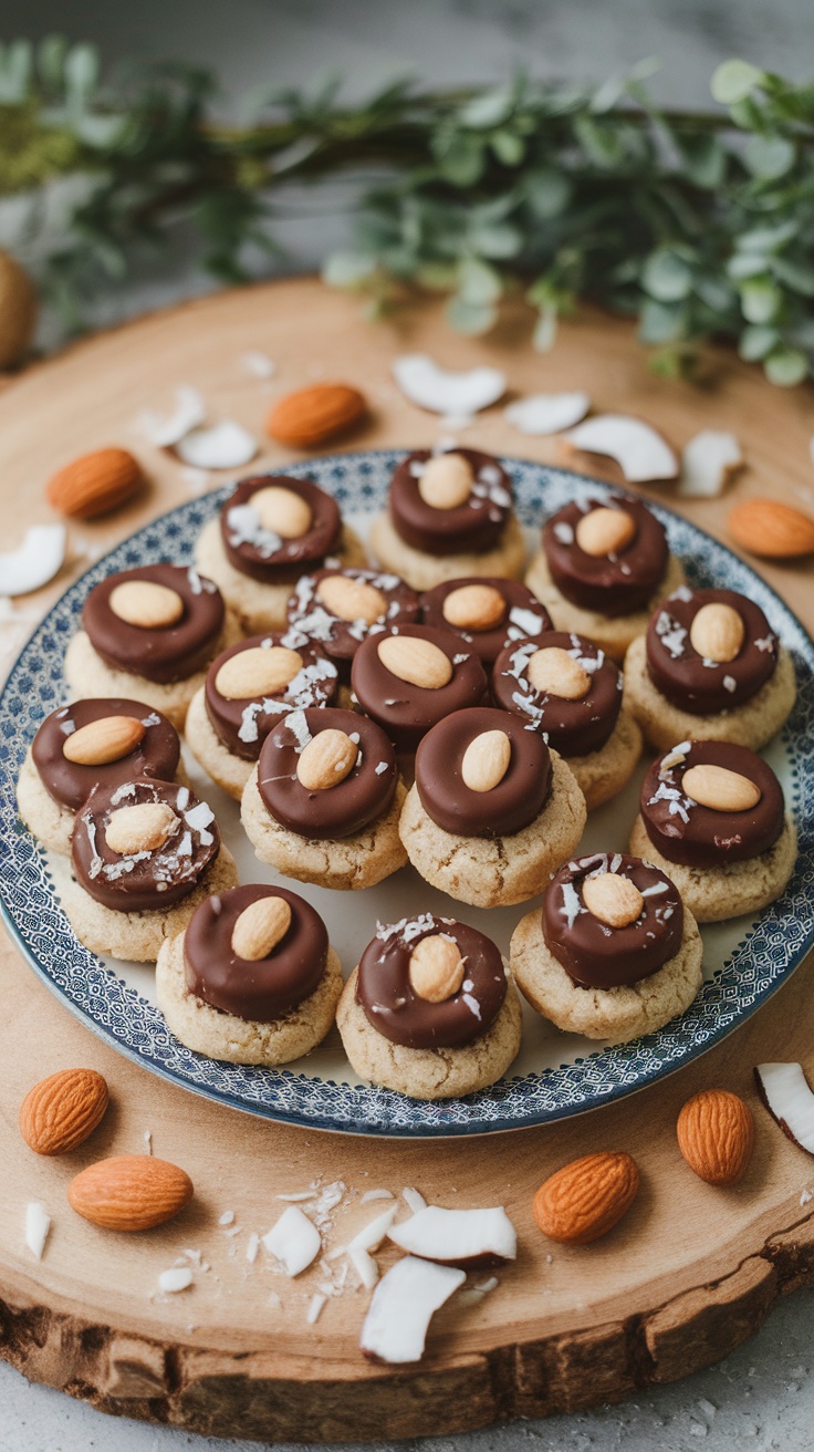 Plate of Almond Joy Cookies topped with chocolate, almonds, and coconut