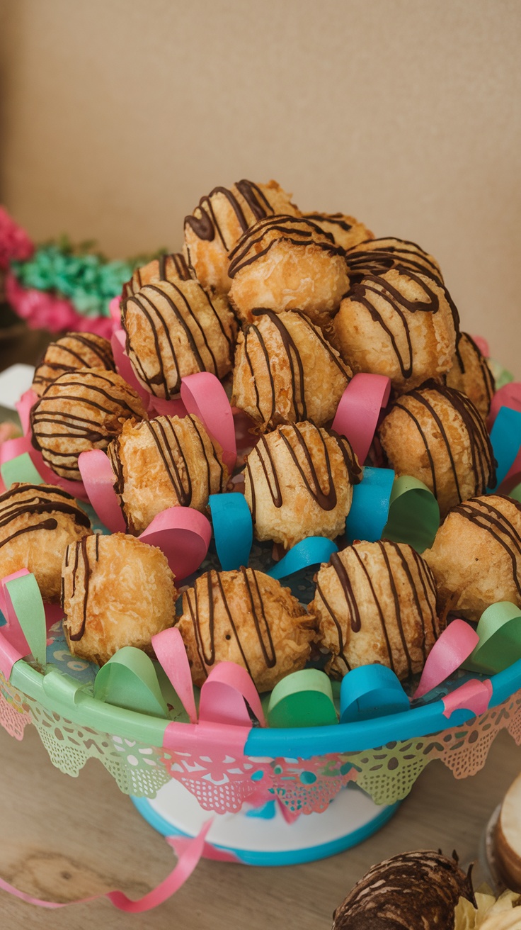 A colorful display of coconut macaroons drizzled with chocolate.