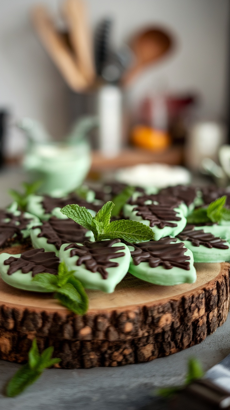 Delicious dark chocolate mint cookies arranged on a wooden board, garnished with fresh mint leaves.