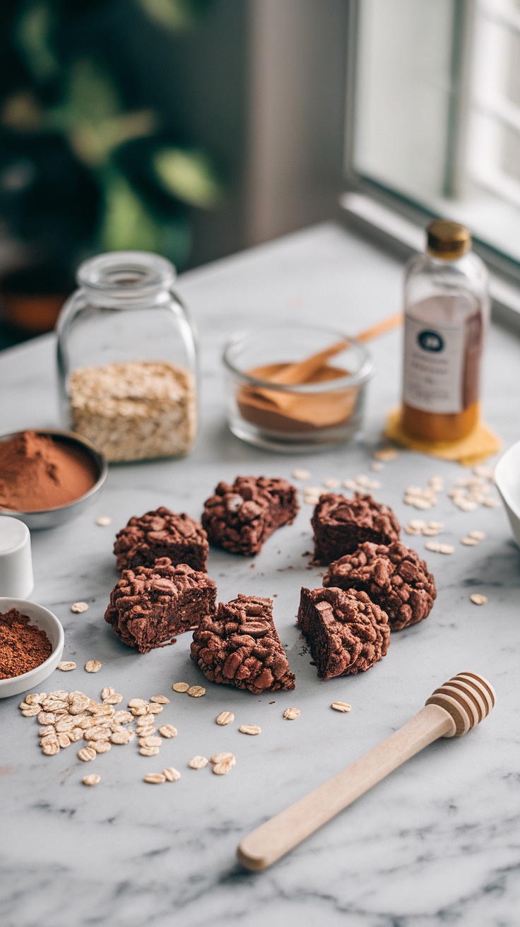 No-bake chocolate cookies on a marble surface with ingredients scattered around.