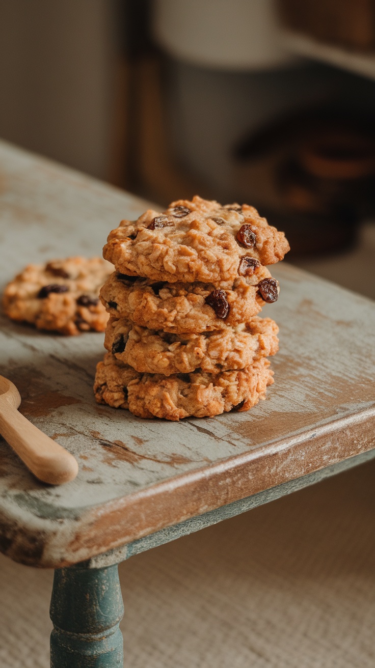 A stack of oatmeal raisin cookies on a rustic wooden table.