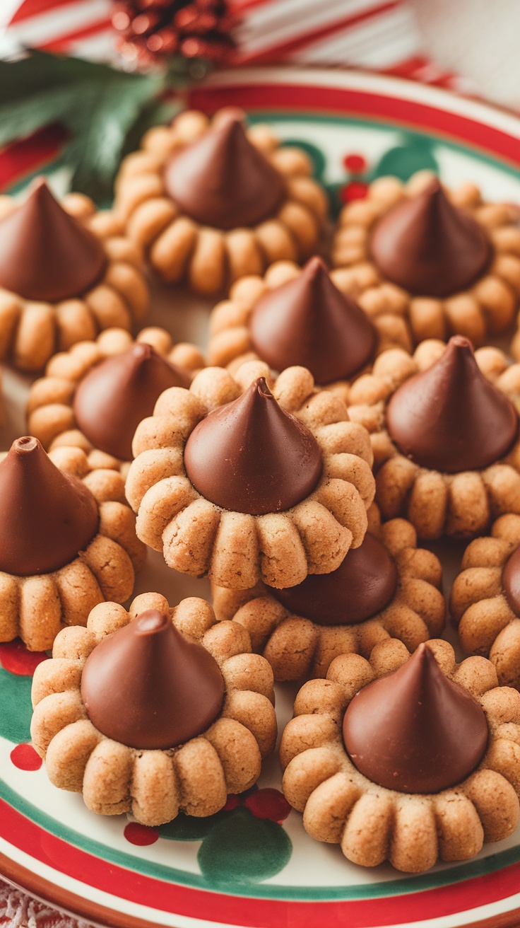 Delicious peanut butter blossom cookies topped with chocolate Kisses