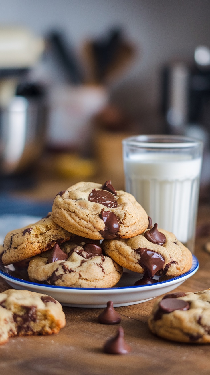 Delicious chocolate chip cookies stacked on a plate with a glass of milk.