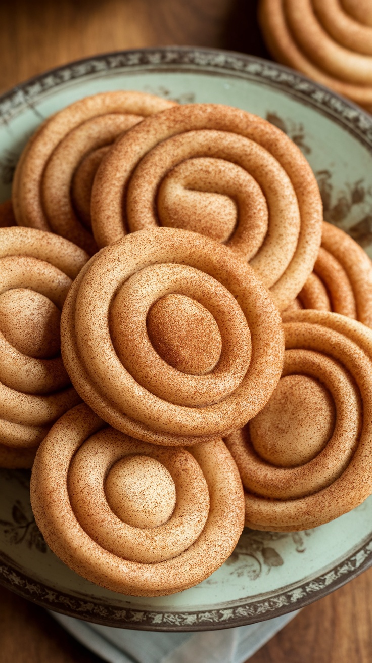 Plate of freshly baked snickerdoodle cookies with a cinnamon-sugar coating