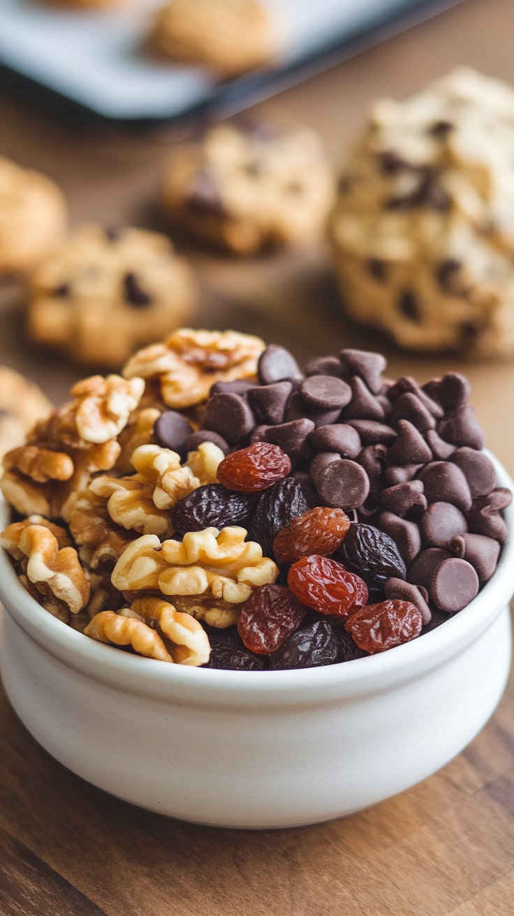 A bowl of chocolate chips, walnuts, and raisins for cookie add-ins.