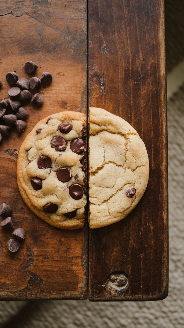 A close-up view of a chocolate chip cookie, showcasing its texture.