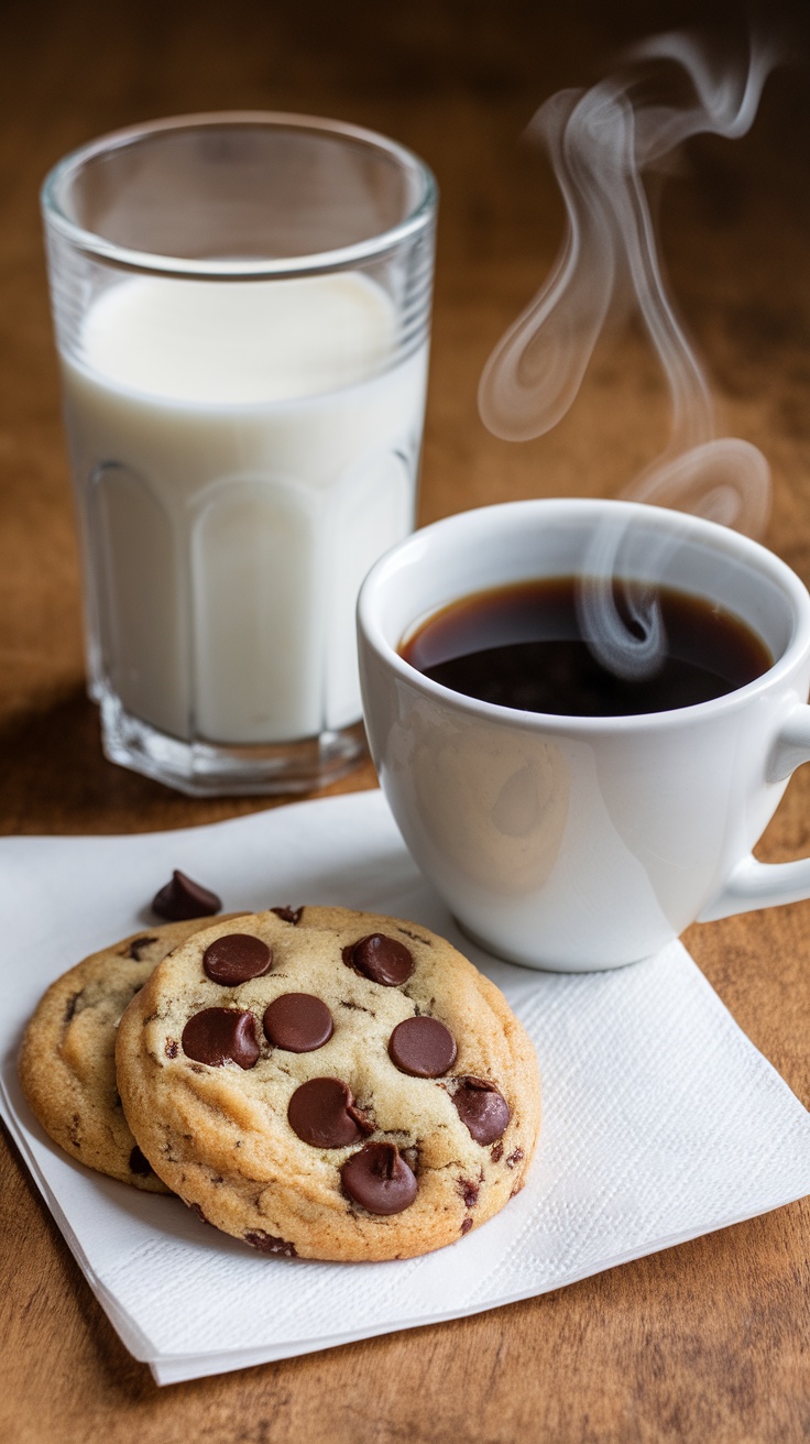 Chocolate chip cookies with a glass of milk and a cup of coffee