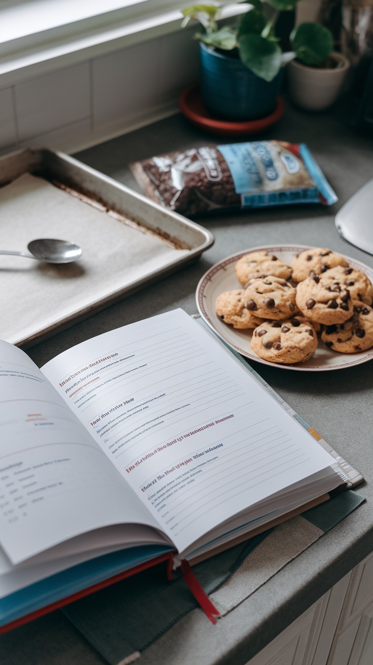 A cozy kitchen setup with a baking book open and fresh chocolate chip cookies on a plate.