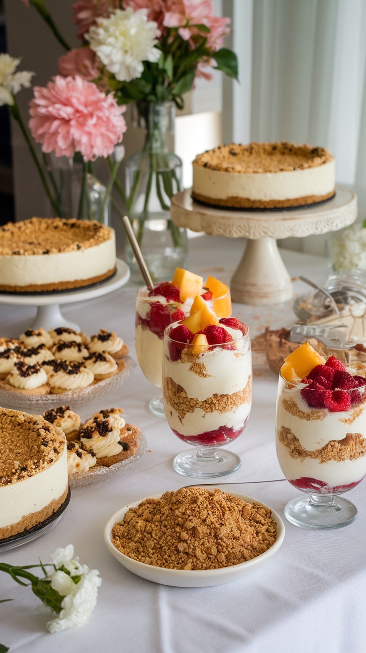 A selection of desserts including layered parfaits and cheesecakes.