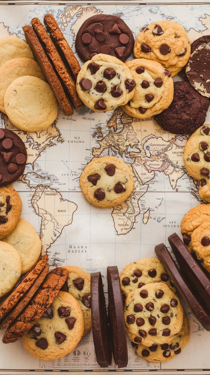 A variety of chocolate chip cookies laid out on a world map.