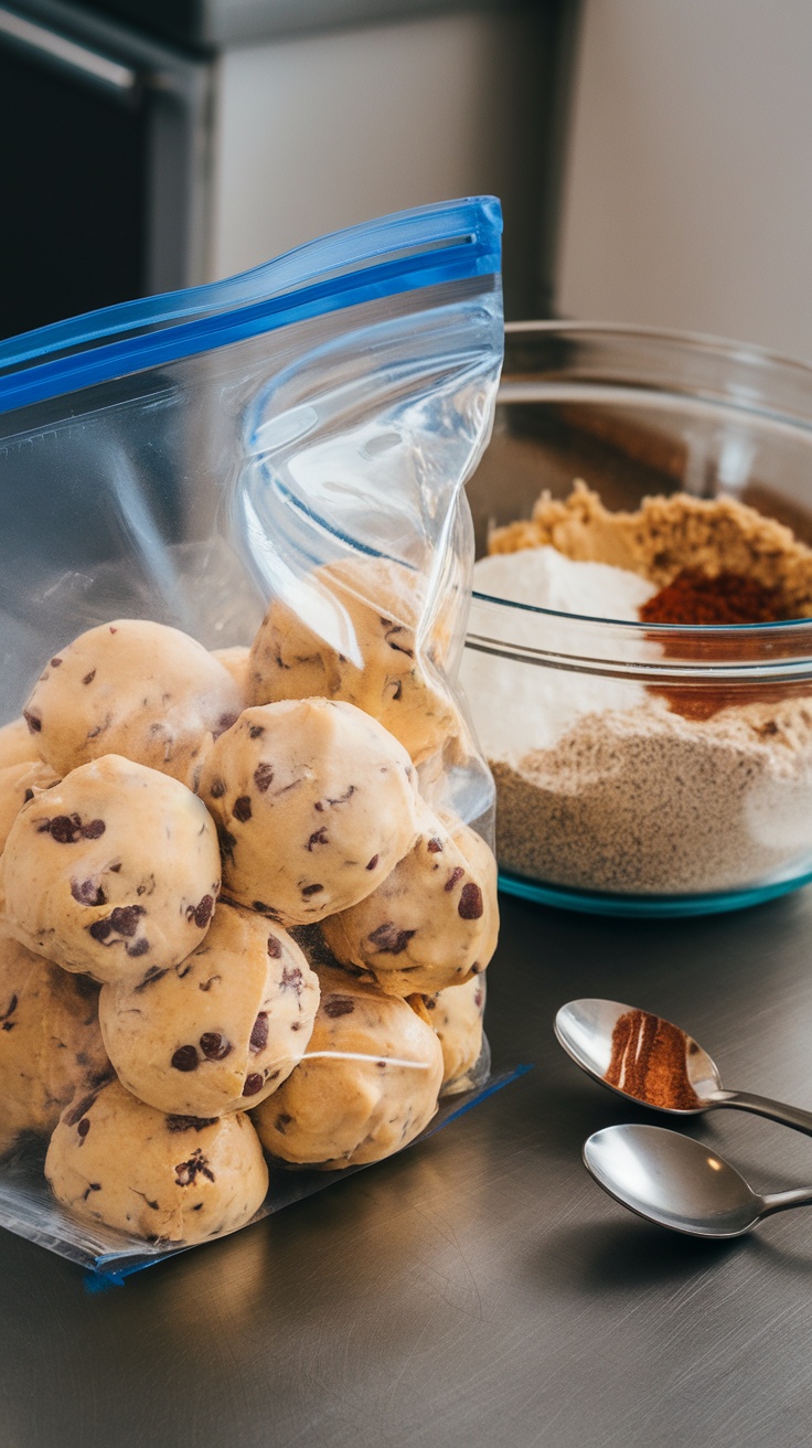 A ziplock bag containing chocolate chip cookie dough balls, with additional ingredients visible in the background.