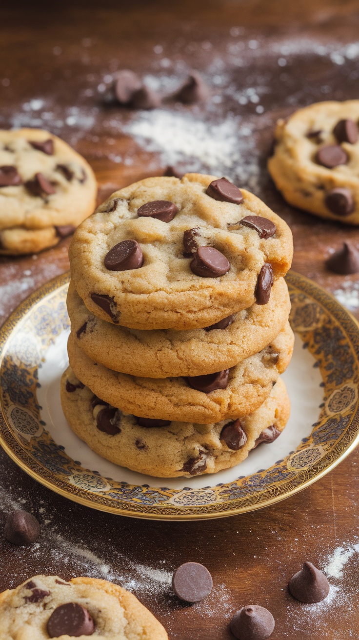 A plate of gluten-free chocolate chip cookies stacked neatly, surrounded by chocolate chips.