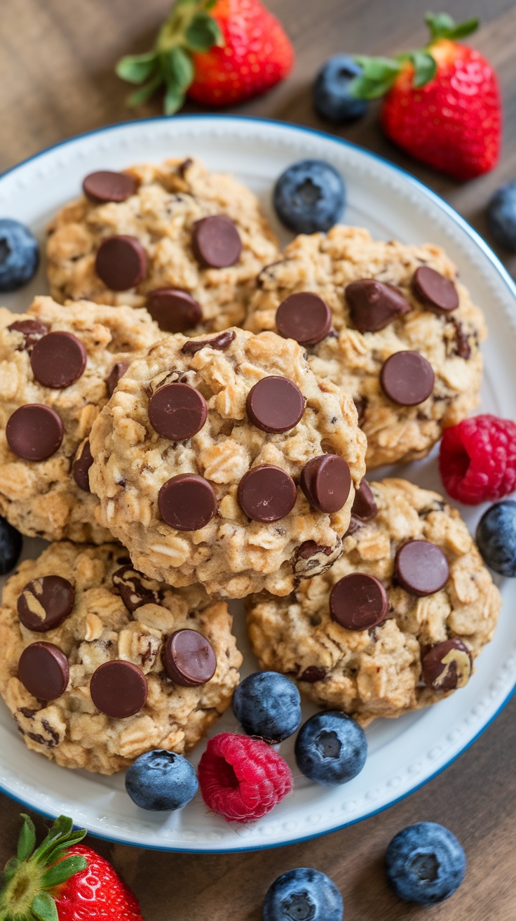 A plate of healthier chocolate chip cookies with oats and dark chocolate chips, surrounded by fresh berries.