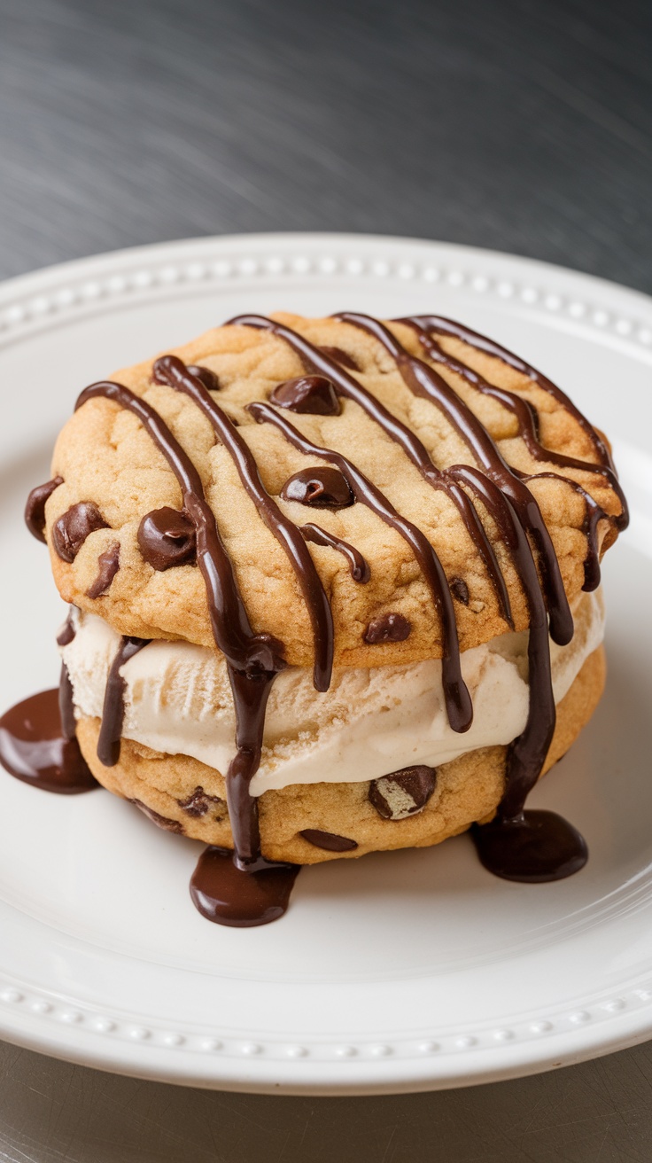 Chocolate chip cookie sandwich with ice cream and chocolate drizzle