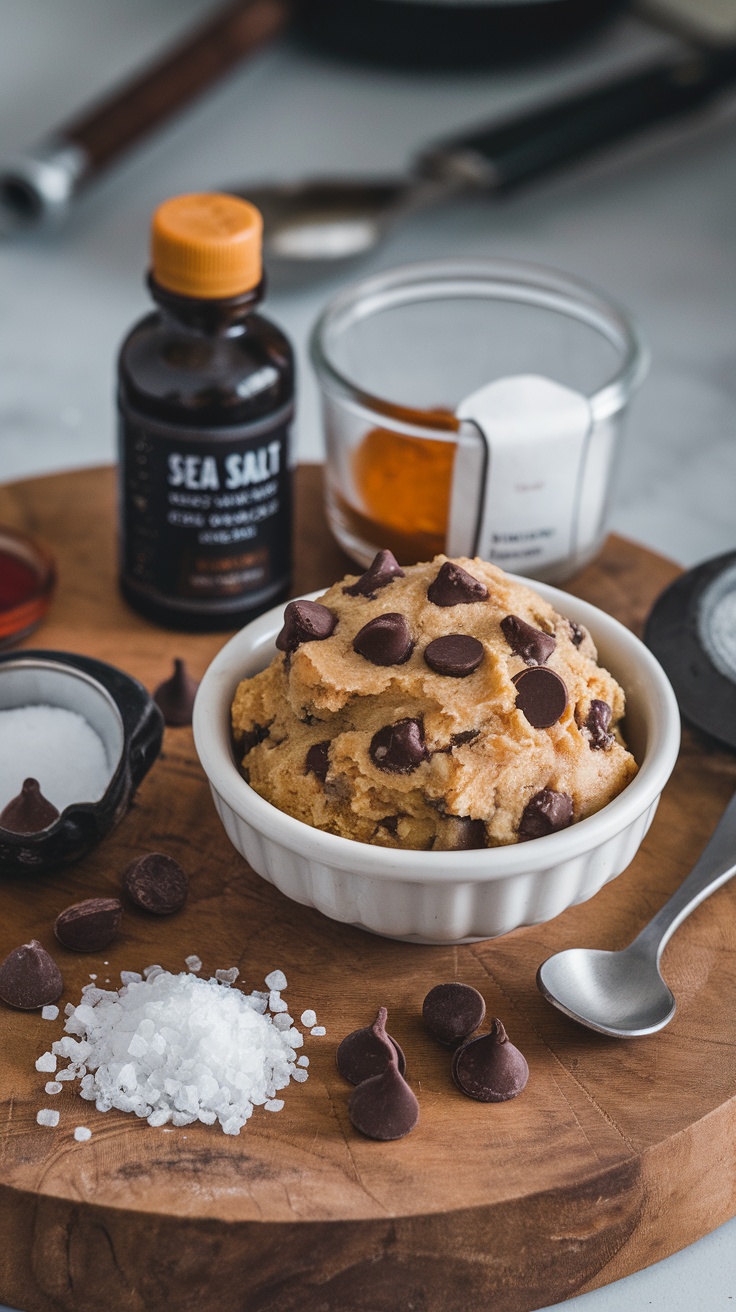 Delicious chocolate chip cookie dough with sea salt and chocolate chips