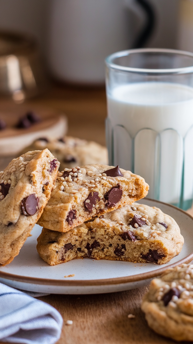 Delicious vegan chocolate chip cookies stacked on a plate next to a glass of milk.