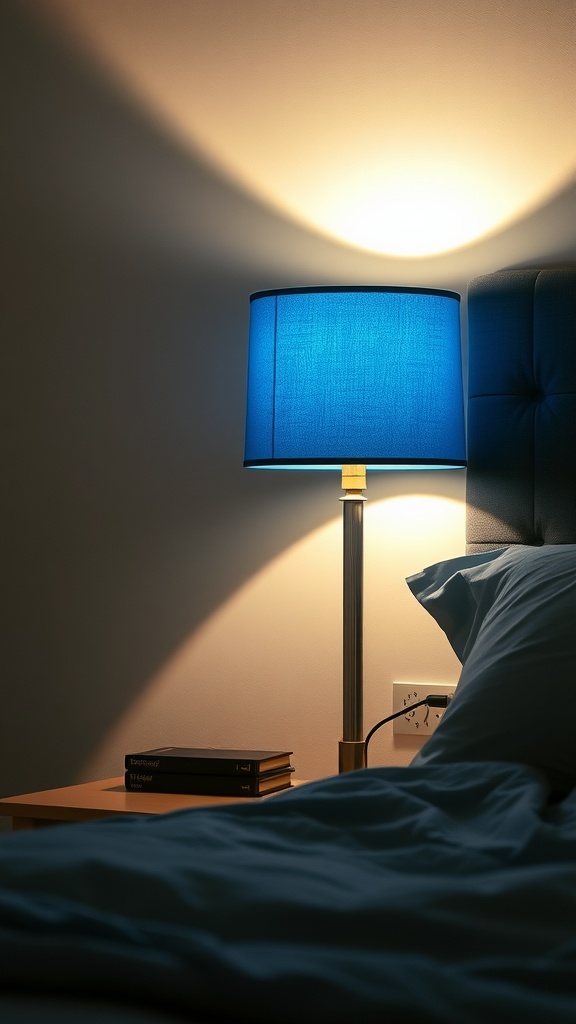 A bedside lamp with a blue shade illuminating a cozy bedroom.
