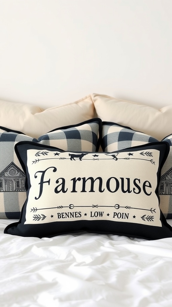 A cozy arrangement of black and cream accent pillows featuring a central 'Farmhouse' print and plaid patterns.