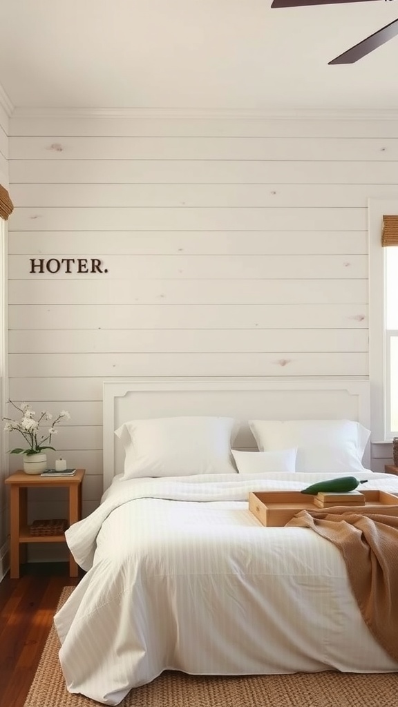 A cozy bedroom featuring a cream shiplap accent wall, a neatly made bed with white linens, and a wooden bedside table.
