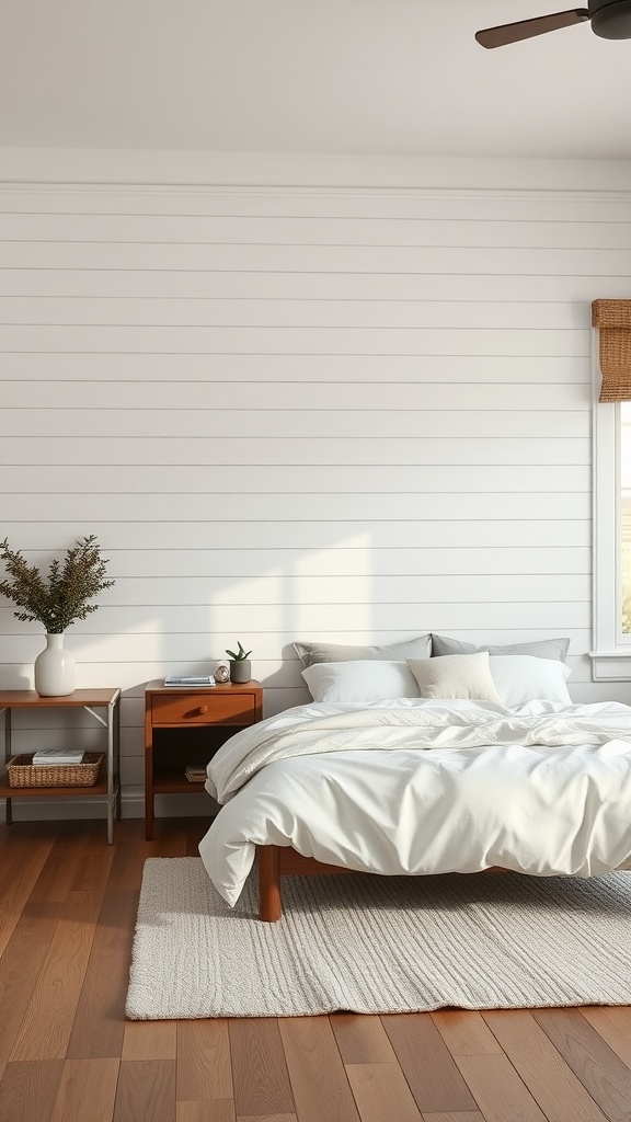 Cozy farmhouse bedroom with a shiplap accent wall, wooden floor, and simple decor.