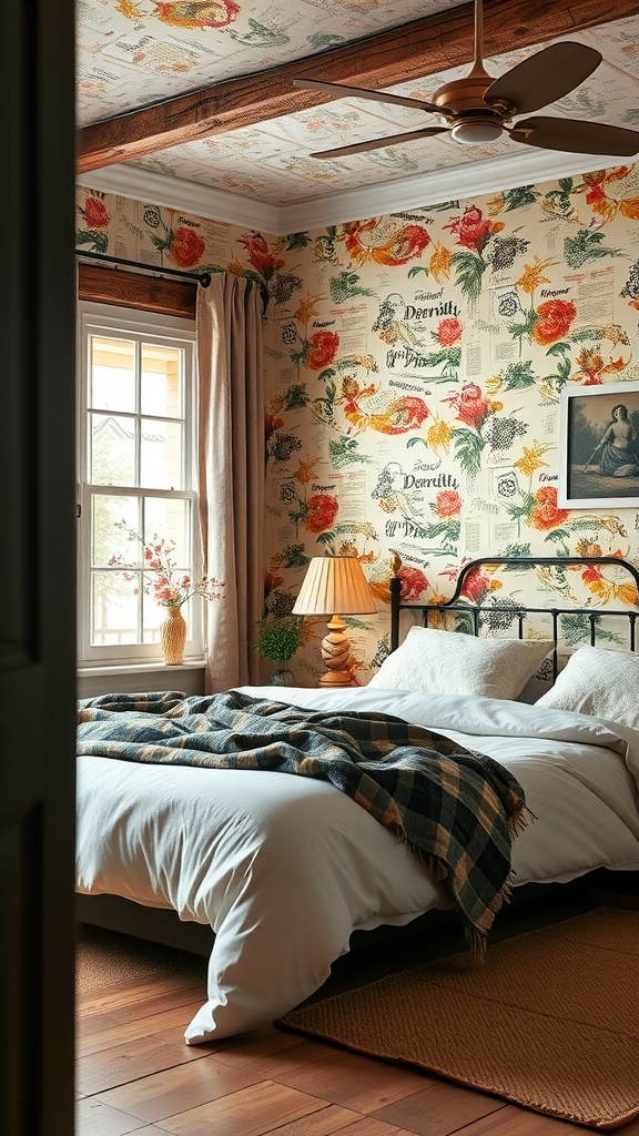 A cozy farmhouse bedroom featuring floral wallpaper, wooden beams, and a warm color palette.