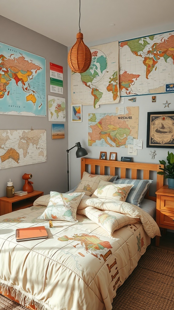 A cozy teenager's bedroom decorated with maps and adventure-themed decor.