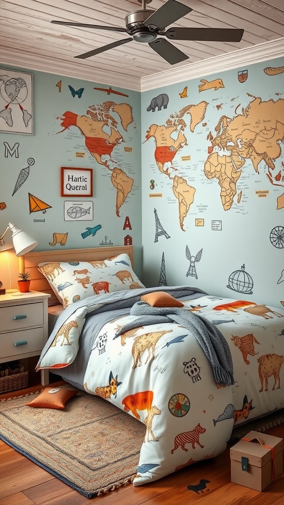 A cozy bedroom with adventure-themed bedding featuring animals and world map decor.