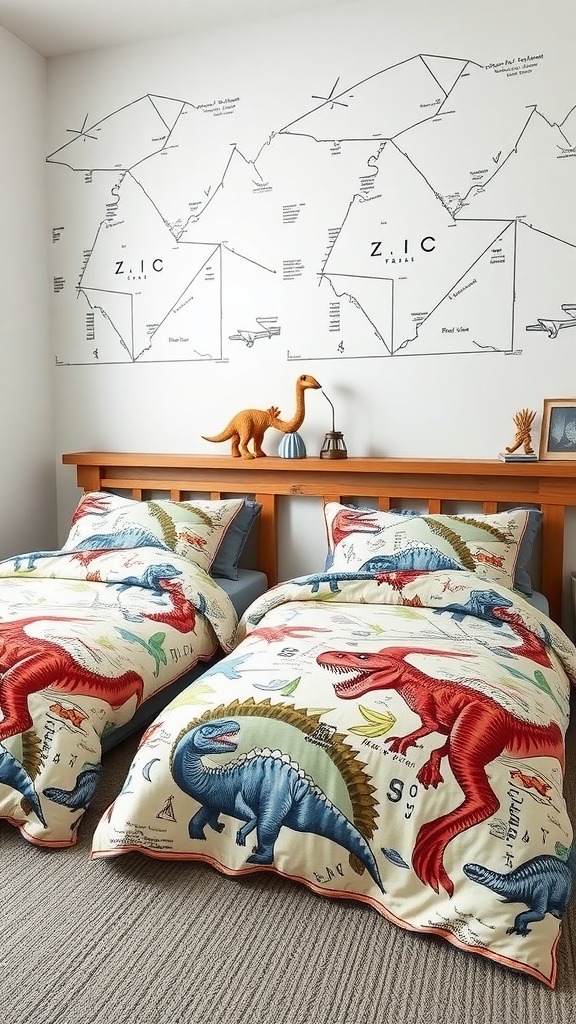 A twin boys bedroom featuring adventure-themed dinosaur bedding sets, with dinosaur prints on the blankets and a map design on the wall.
