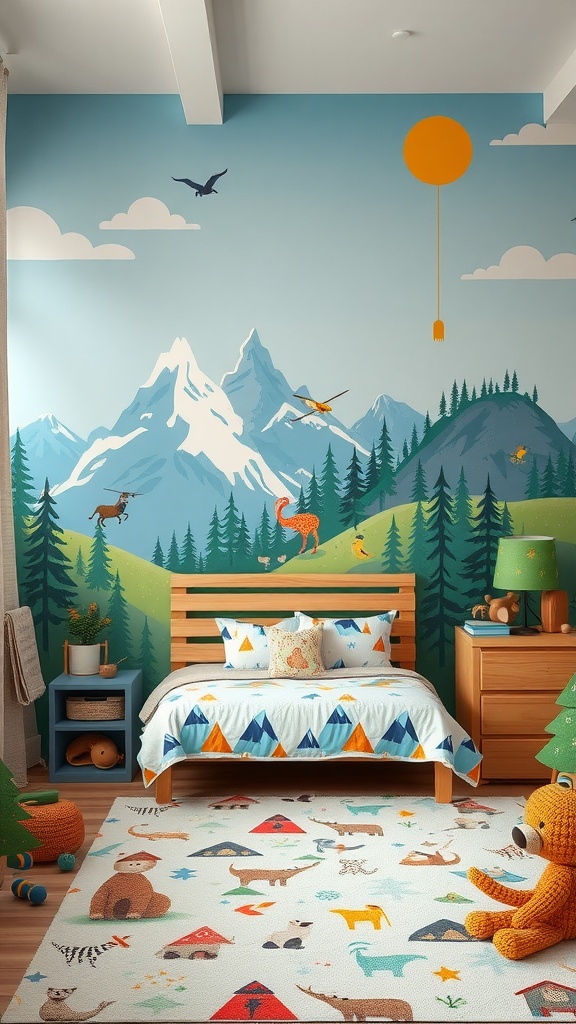 Adventure-themed wall mural in a boy's bedroom featuring mountains, animals, and a bright blue sky.