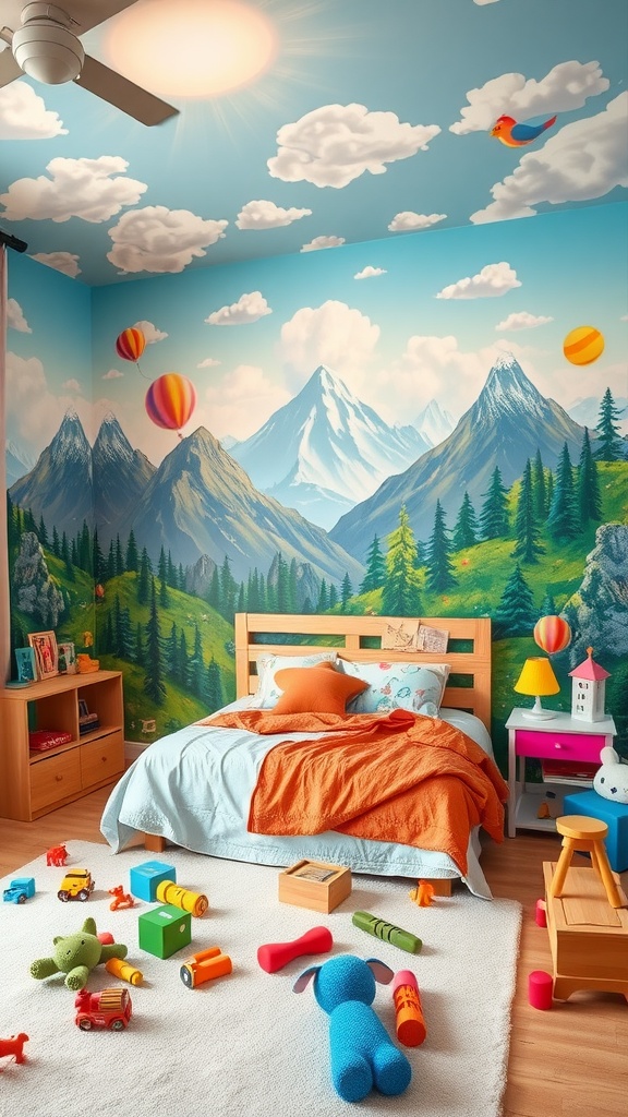 A boys bedroom featuring an adventure-themed wall mural with mountains, hot air balloons, and a bright atmosphere