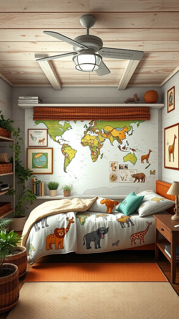 A safari-themed girls' bedroom featuring a world map, animal-print bedding, and indoor plants.