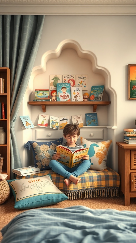 A child sitting in a cozy book nook, reading a book surrounded by colorful cushions and shelves filled with children's books.