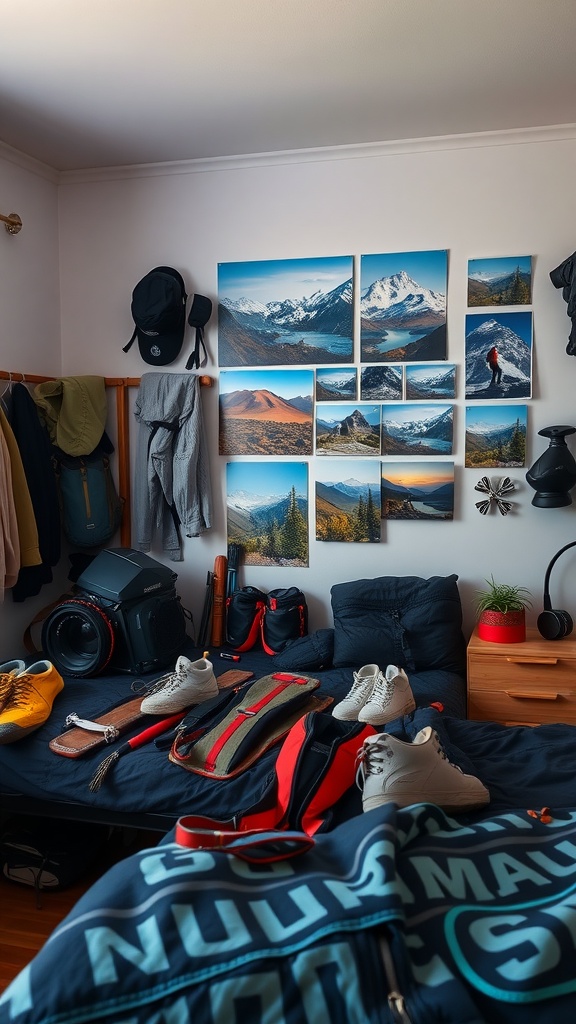 A teenager's bedroom showcasing adventure gear on display, with outdoor-themed wall art.