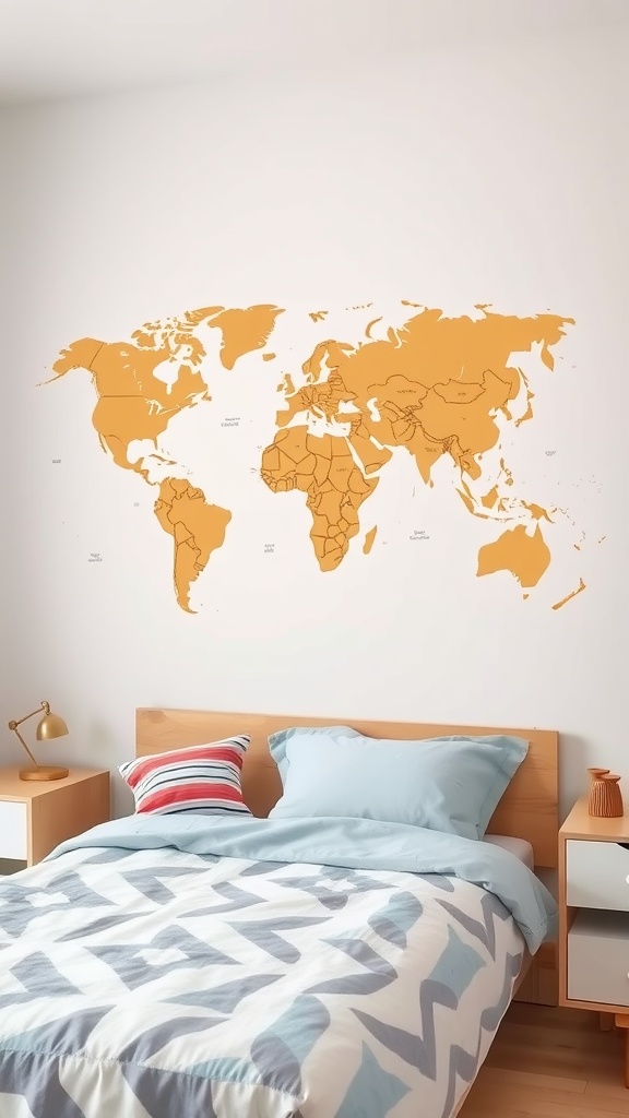 A bedroom featuring an adventure map wall sticker in warm tones above a bed with blue bedding and decorative pillows.