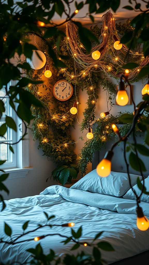 A cozy bedroom decorated with ambient fairy lights and lush greenery.