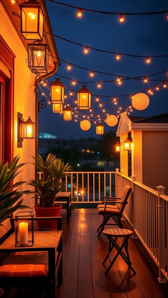 A cozy balcony with string lights and lanterns glowing in the evening.