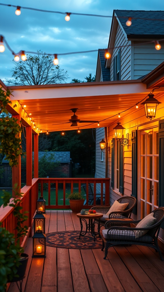 Cozy farmhouse balcony with ambient lighting and comfortable seating