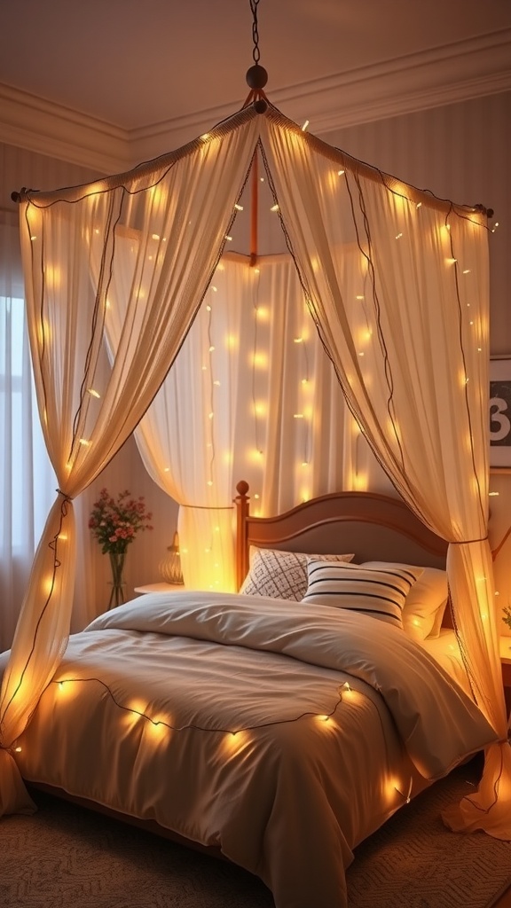 A cozy boho bedroom with a canopy bed adorned with fairy lights