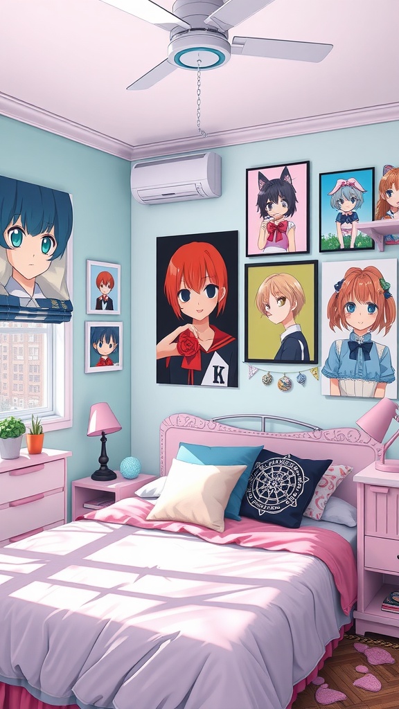 A cozy bedroom decorated with anime character portraits, pink bedding, and charming furniture.