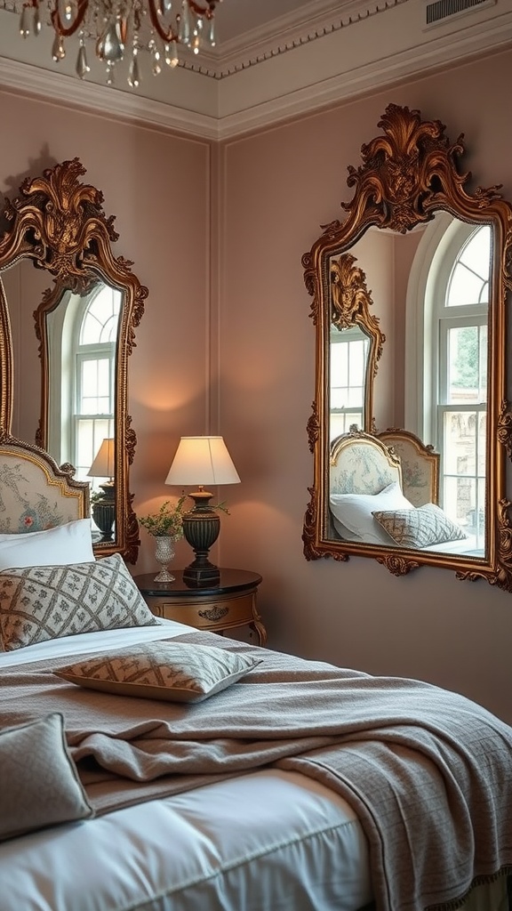 A beautifully styled bedroom featuring antique mirrors and a vintage wooden bed.