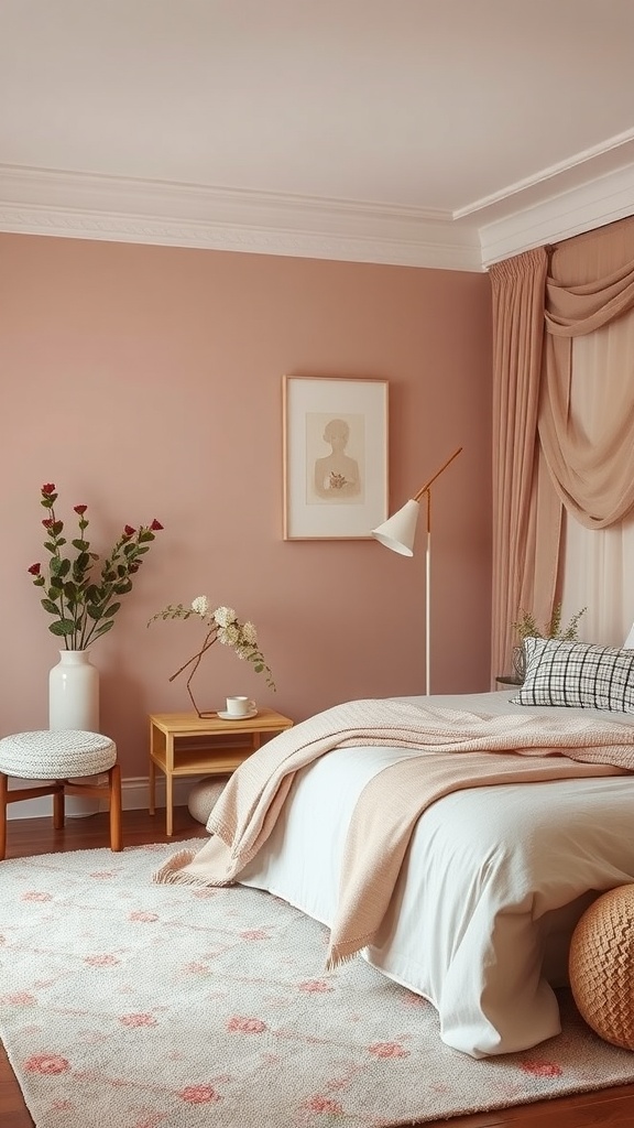 Bedroom with Antique Rose Blush accent wall, white bedding, natural wood furniture, and decorative plants