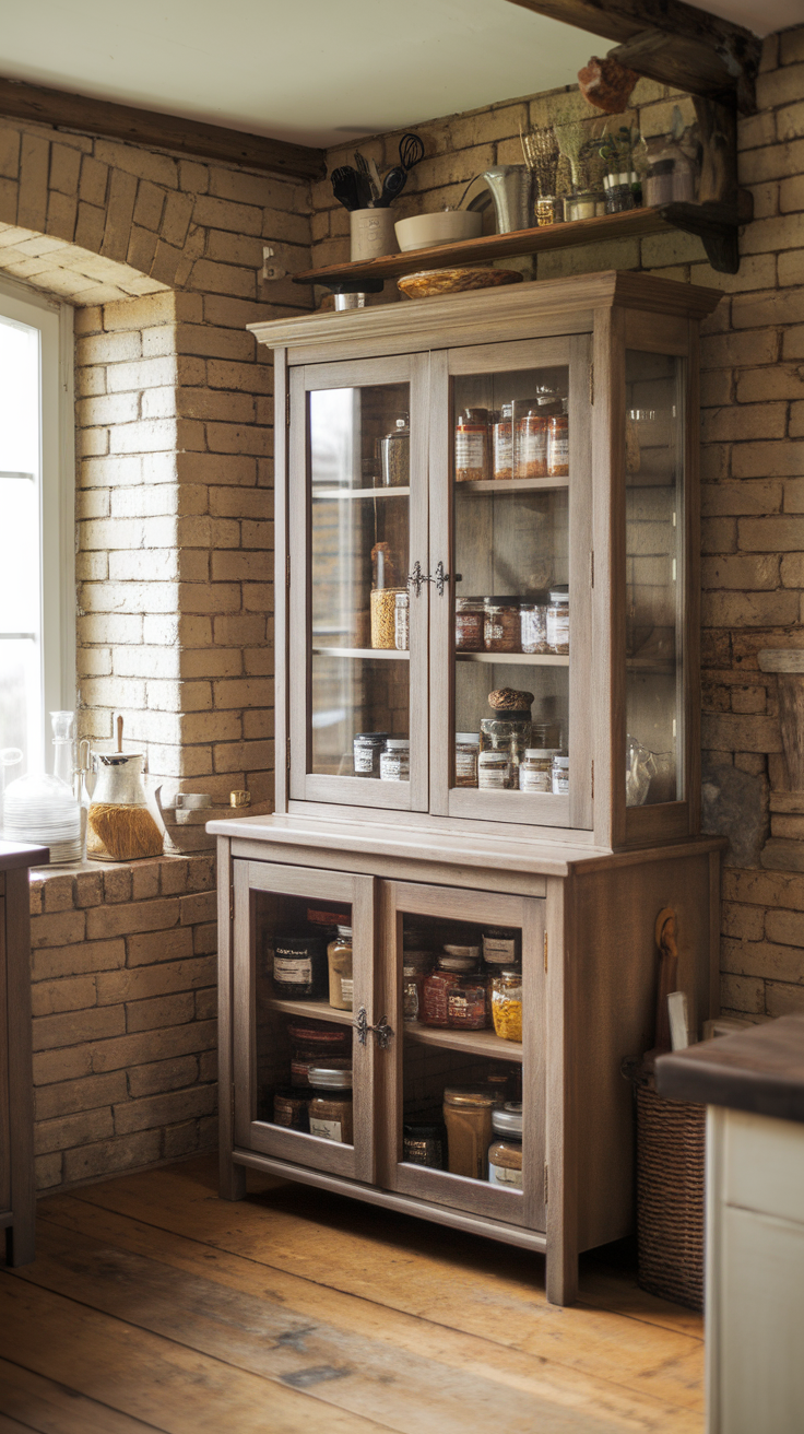 A rustic apothecary style cabinet filled with jars and spices, located in a cozy kitchen.
