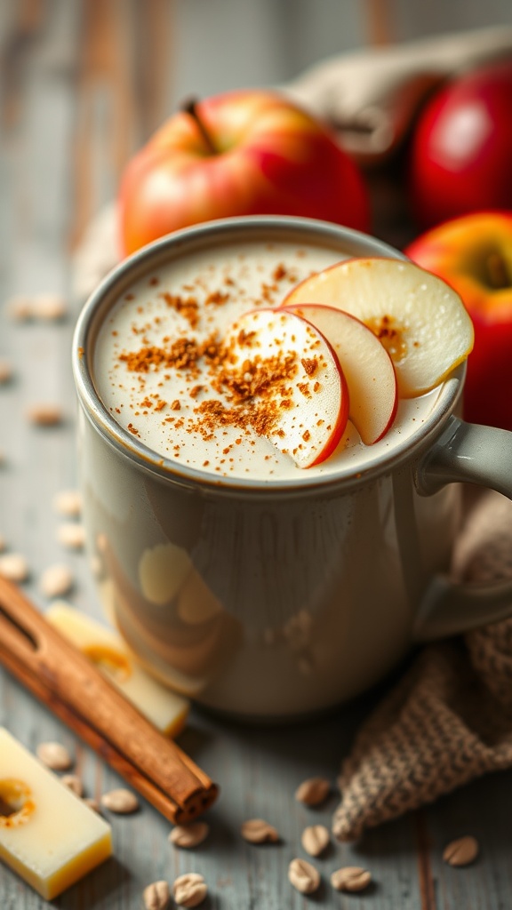 A delicious apple cinnamon oatmeal smoothie in a cup, topped with apple slices and sprinkled with cinnamon.