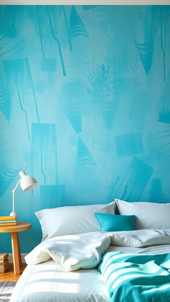 Aqua-inspired wall art in a cozy bedroom with light bedding and a lamp