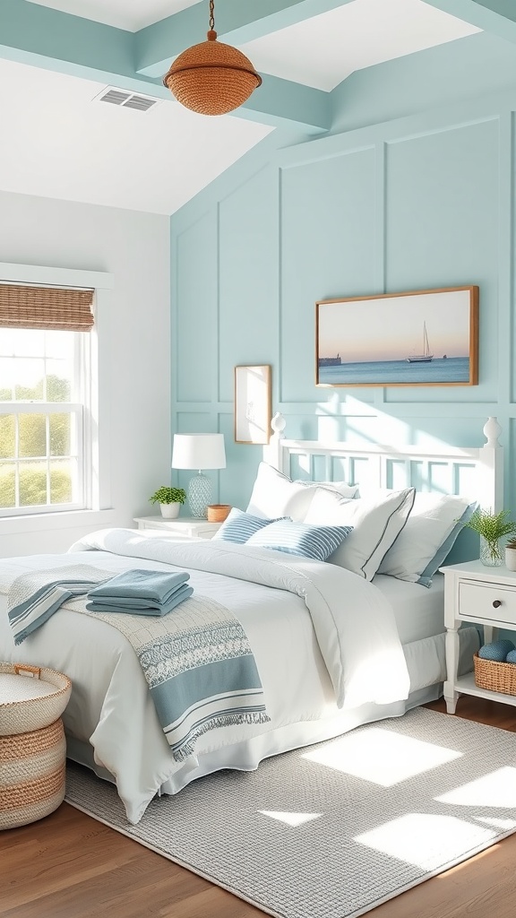 Farmhouse bedroom with aqua teal walls and white bedding, featuring coastal decor.