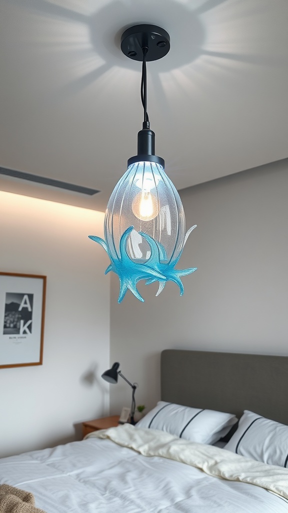 Aquatic-inspired pendant light with a blue design hanging over a bed in a modern bedroom