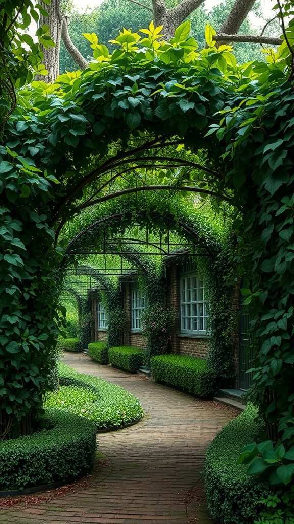 A beautiful garden pathway with arched structures covered in overgrown vines, leading to a serene area with greenery and flowers.