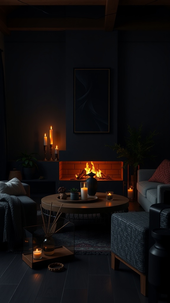 A cozy dark boho living room with candles, a fireplace, and natural elements.